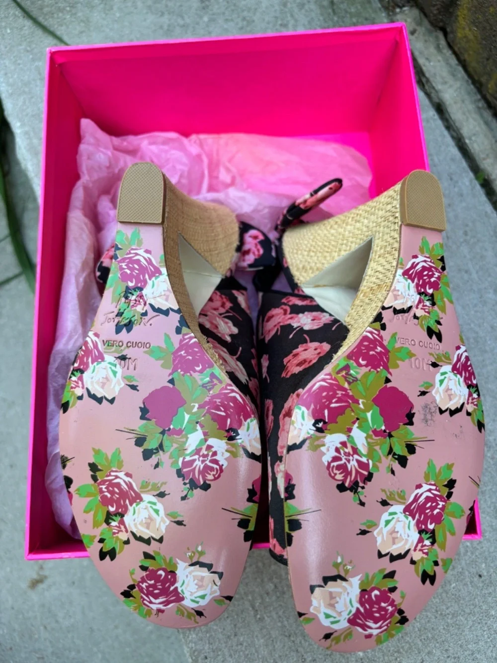 NIB Vntg Betsey Johnson Rose Print Espadrille Slingback Bow Wedges Sz. 10M